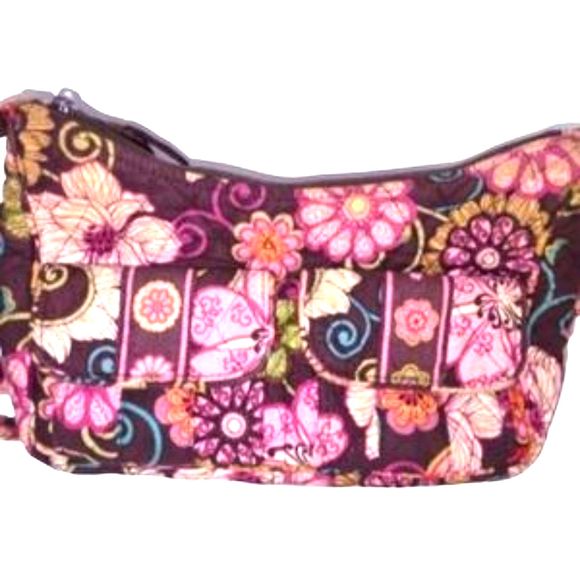 Vera Bradley "Libby" Brown & Pink Mod Floral Fabric Small Shoulder Bag 10"X6"X3" - Picture 2 of 9